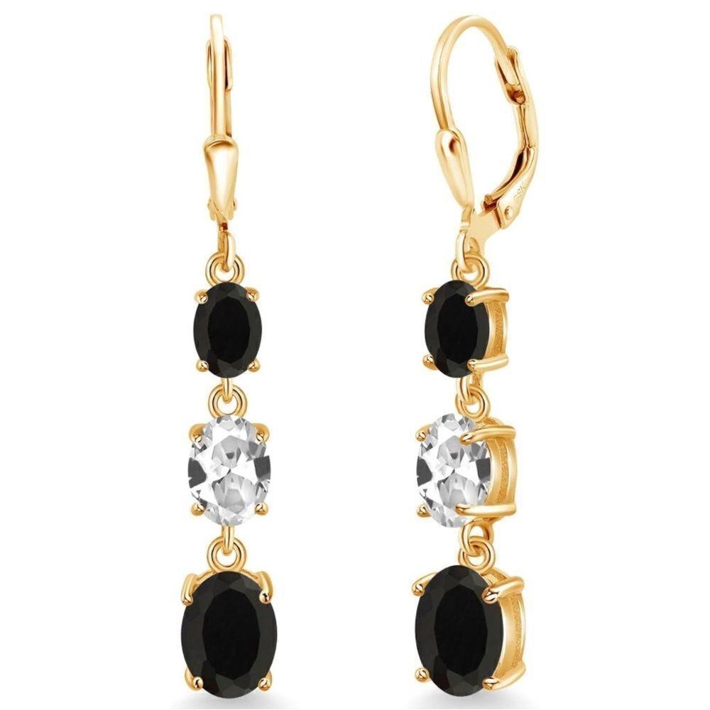 18K Yellow Gold with 6.00 Cttw 3 Stone Black Onyx and White Sapphire Earrings